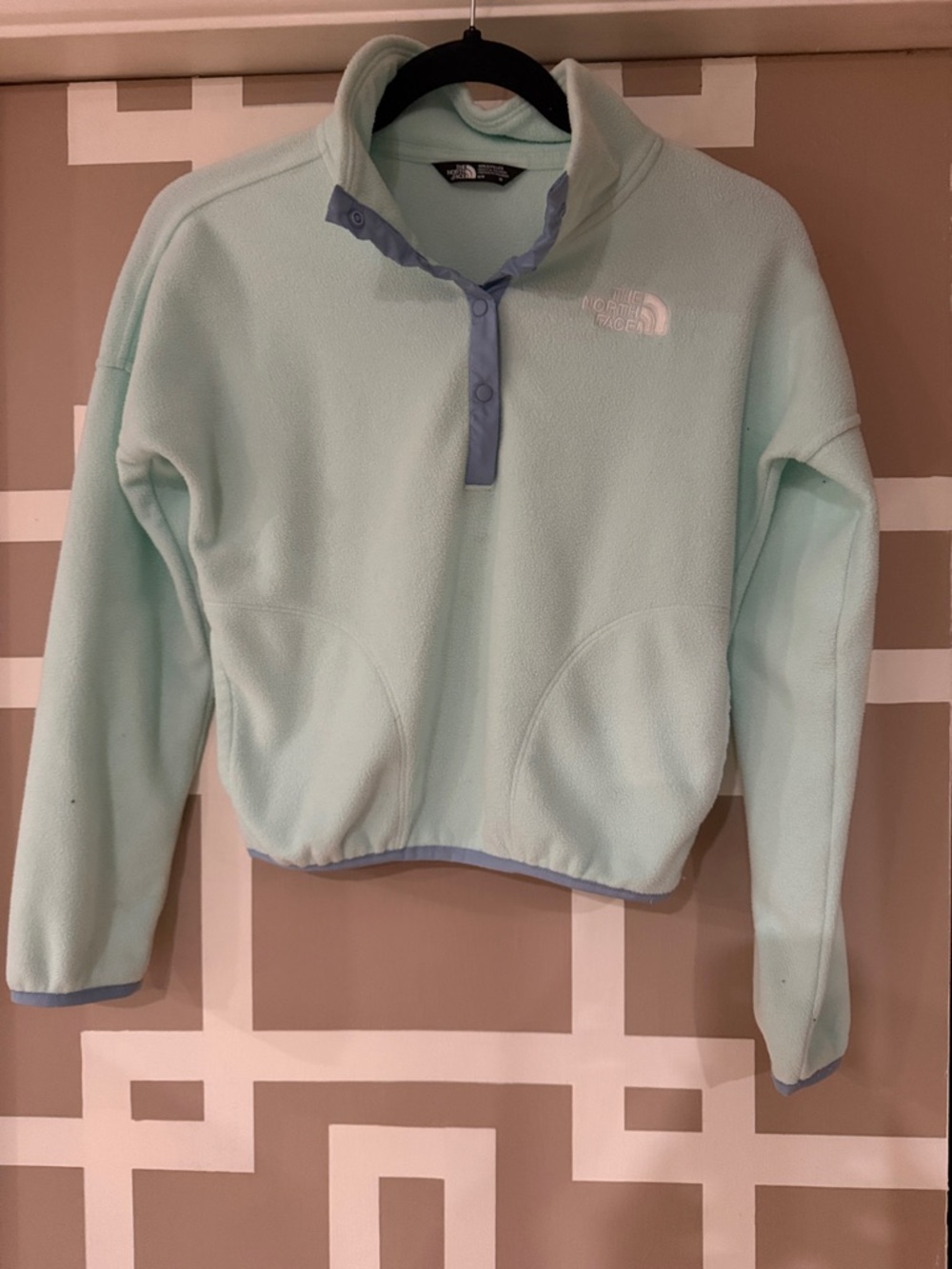 The North Face Girls’ Mint Green Glacier Pullover Fleece with Blue Trim